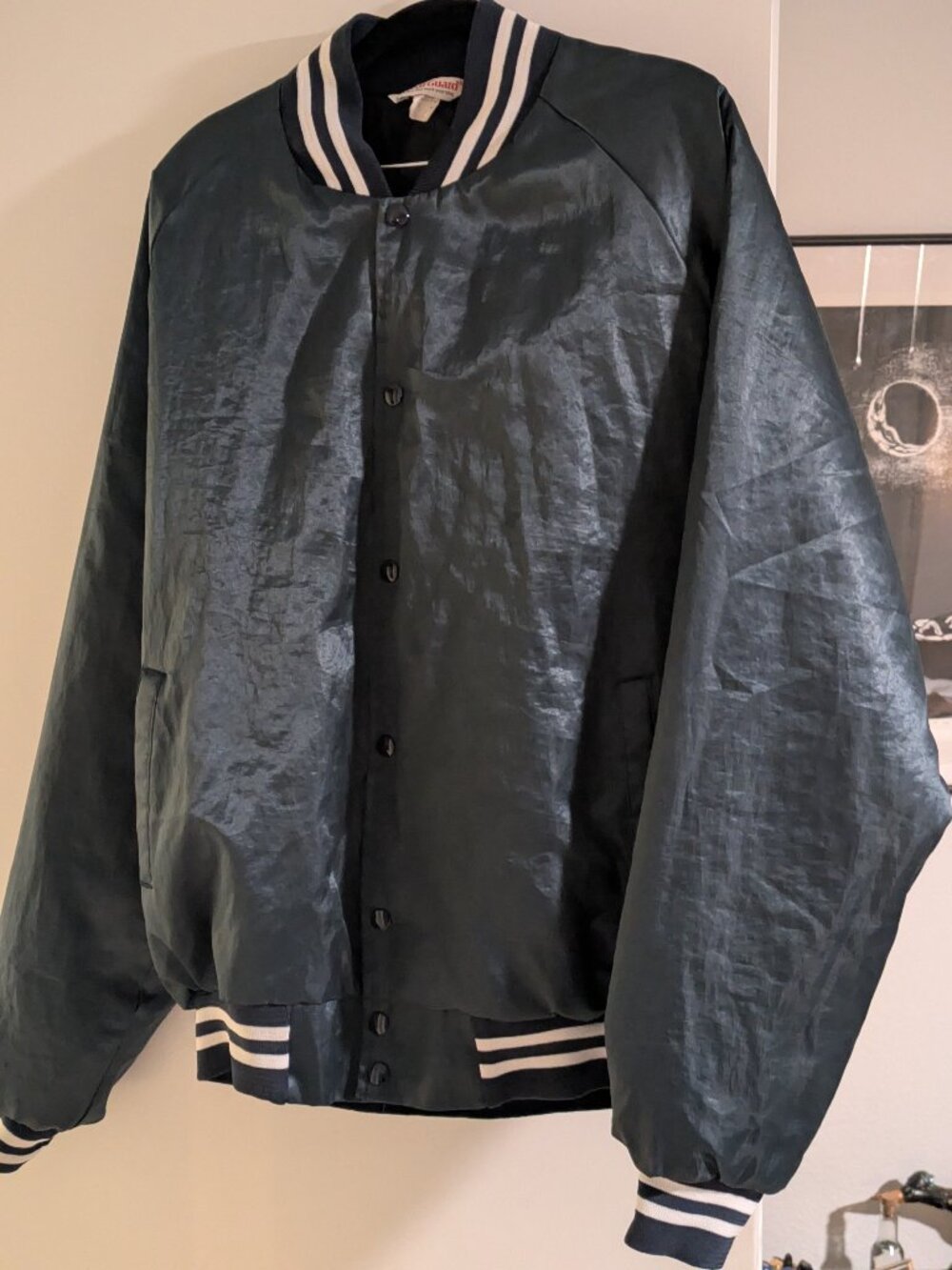 Vintage WearGuard Men's XL Tall Satin Varsity Bomber Jacket Teal USA Made 90s